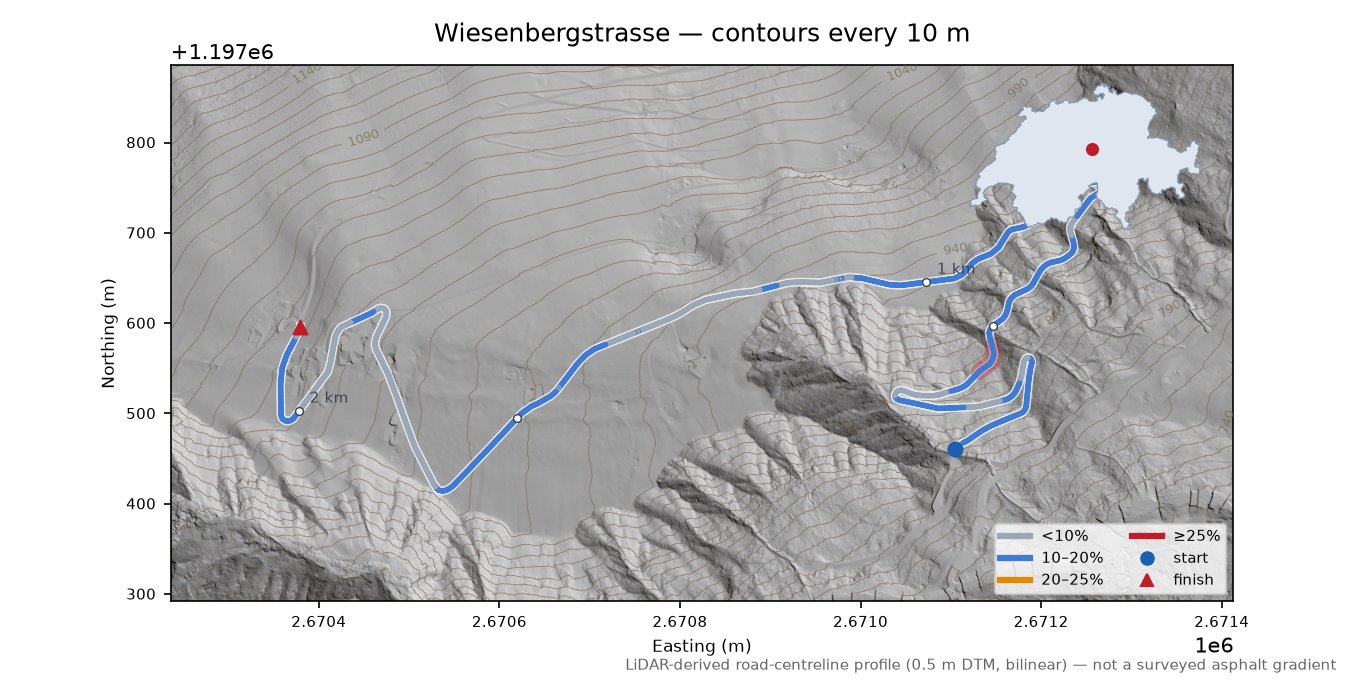 Wiesenbergstrasse LiDAR hillshade map with contours