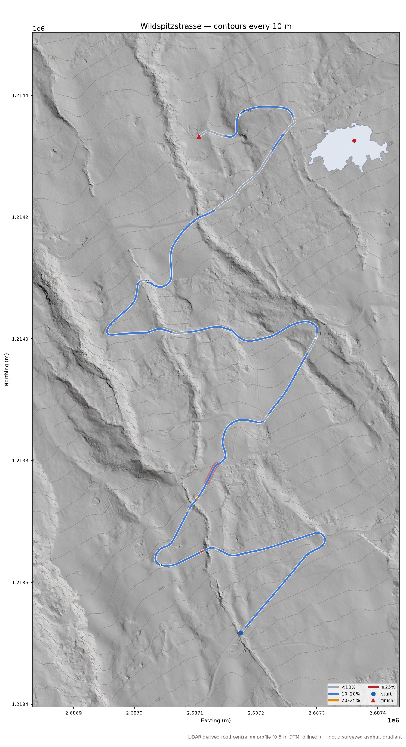 Wildspitzstrasse LiDAR hillshade map with contours