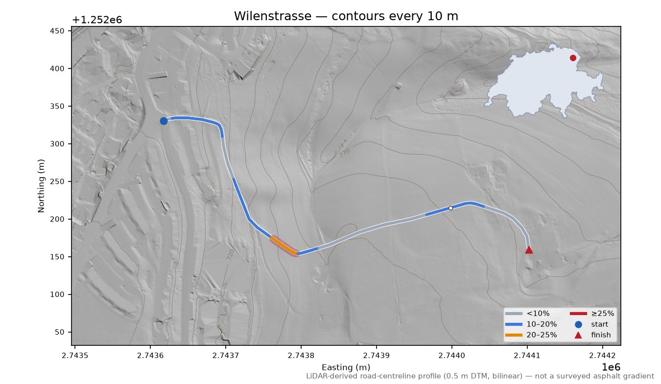 Wilenstrasse LiDAR hillshade map with contours