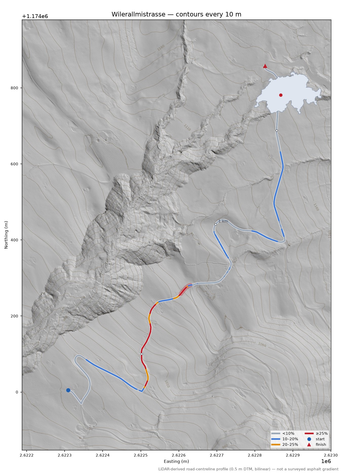 Wilerallmistrasse LiDAR hillshade map with contours