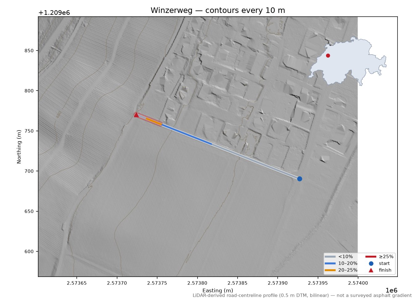 Winzerweg LiDAR hillshade map with contours