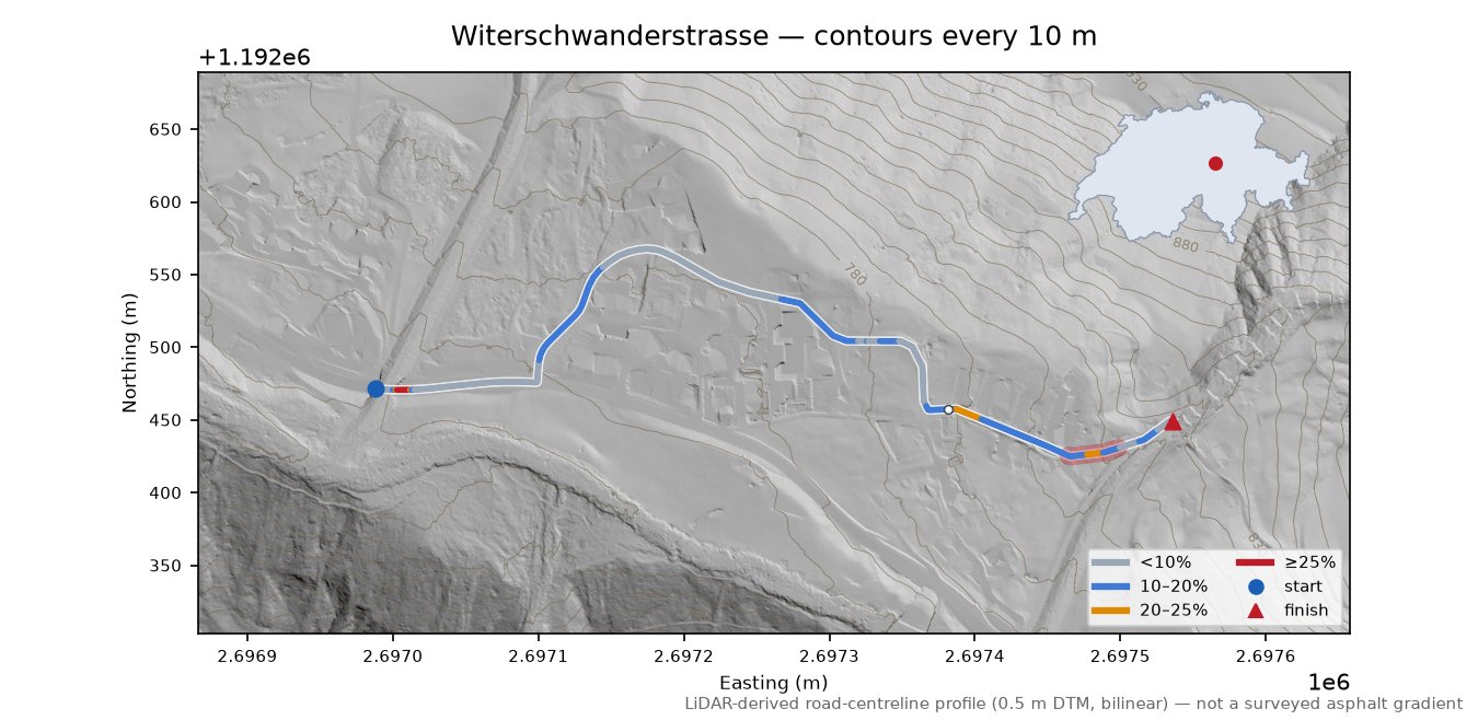 Witerschwanderstrasse LiDAR hillshade map with contours