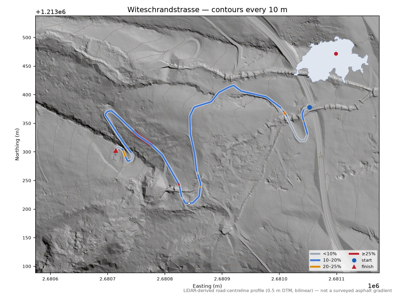 Witeschrandstrasse LiDAR hillshade map with contours