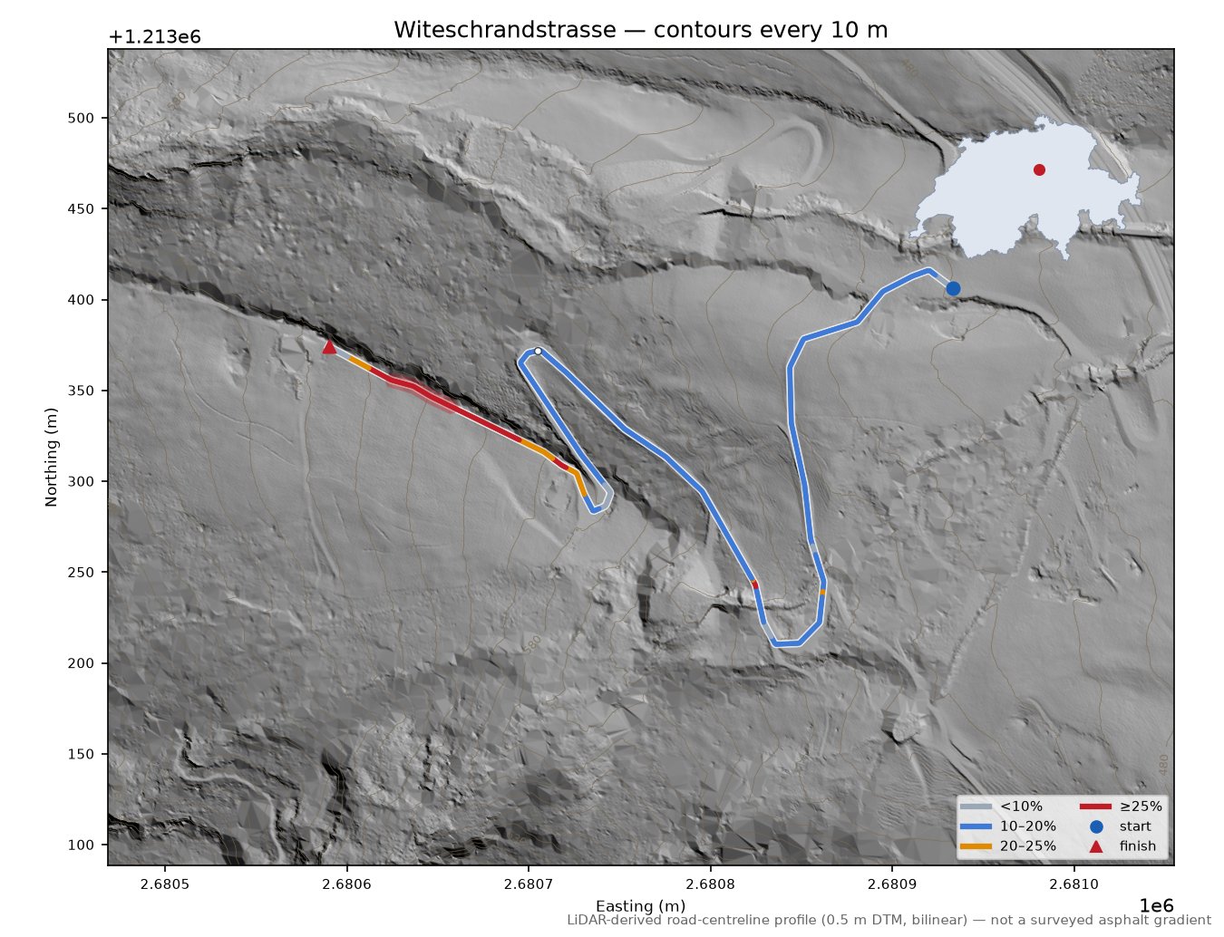 Witeschrandstrasse LiDAR hillshade map with contours