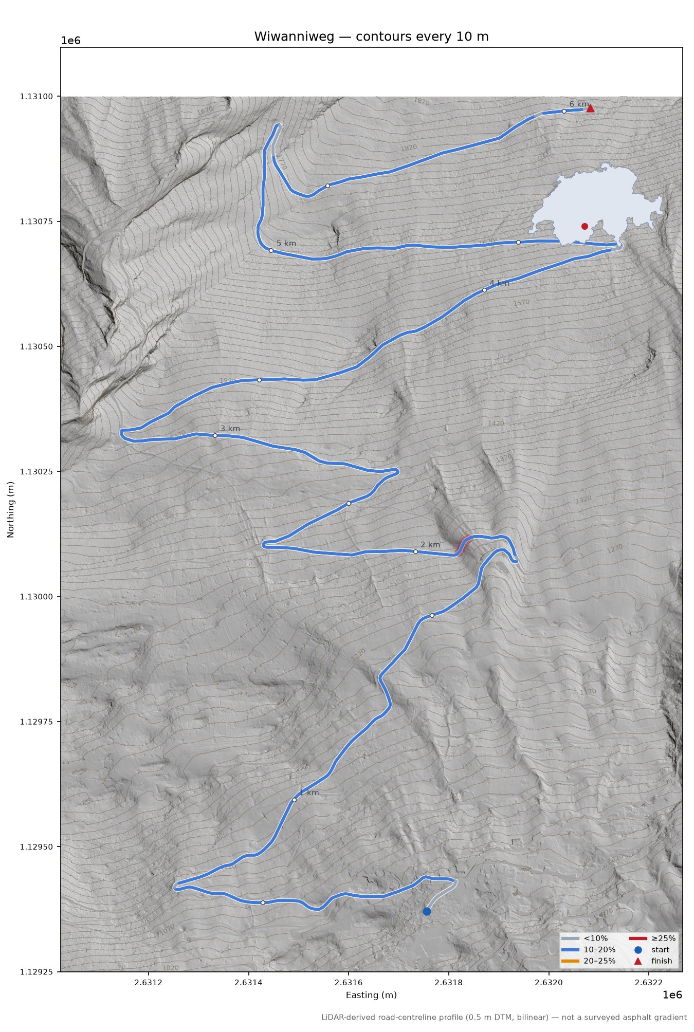 Wiwanniweg LiDAR hillshade map with contours