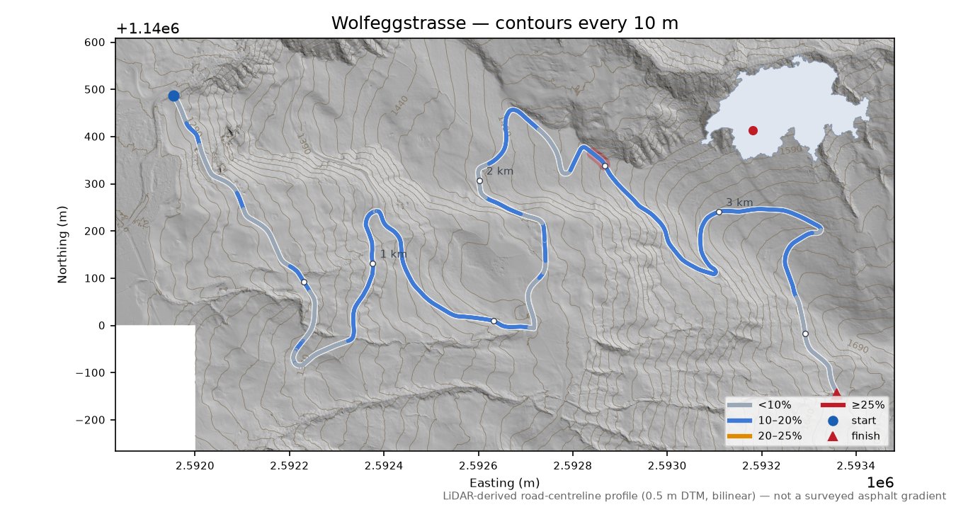 Wolfeggstrasse LiDAR hillshade map with contours