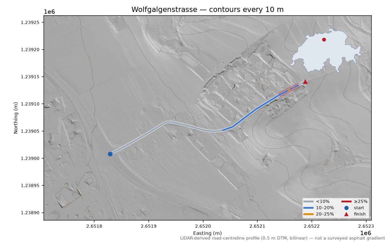 Wolfgalgenstrasse LiDAR hillshade map with contours