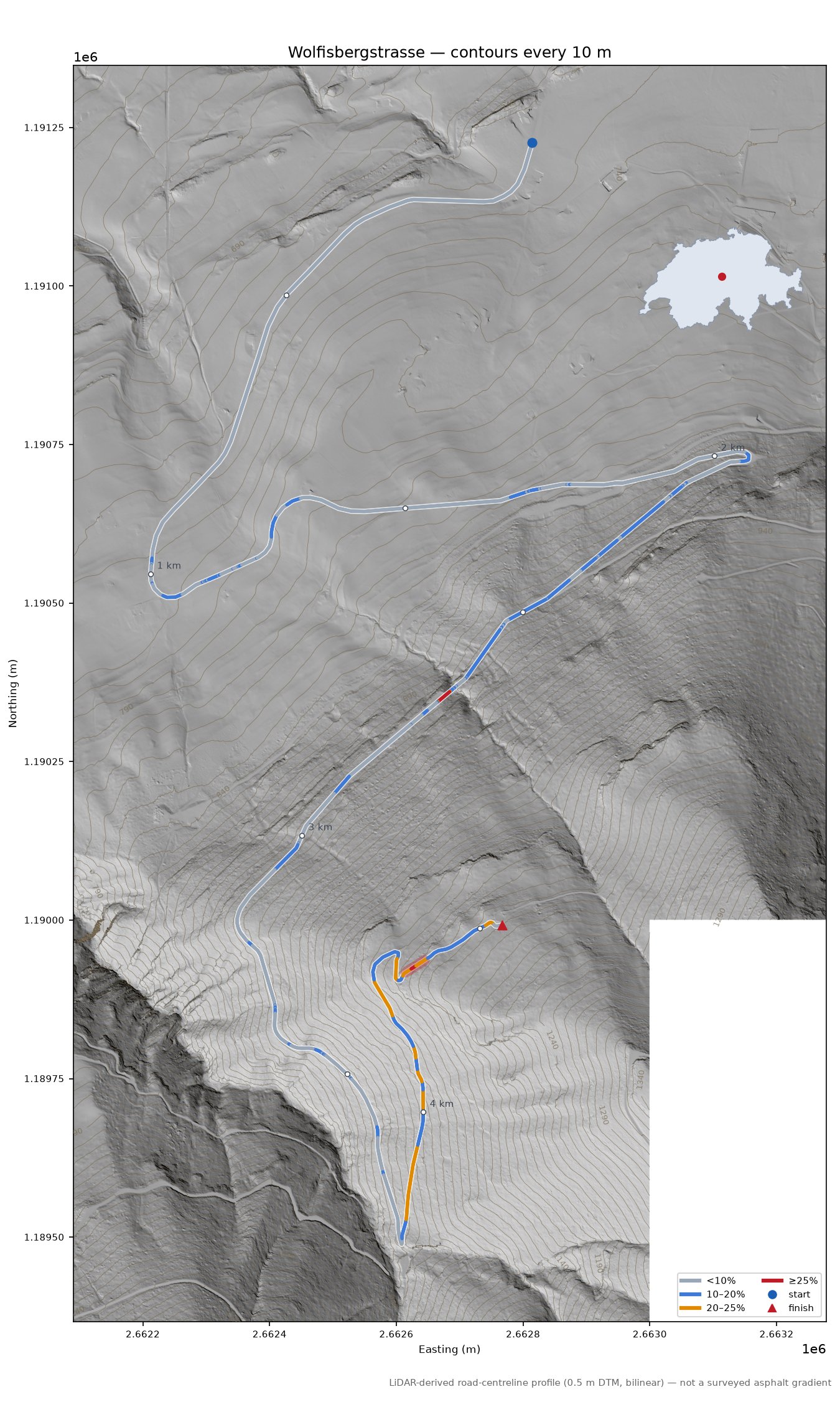 Wolfisbergstrasse LiDAR hillshade map with contours