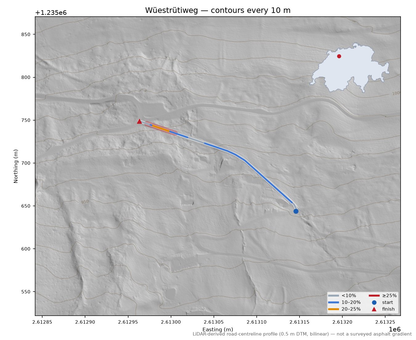 Wüestrütiweg LiDAR hillshade map with contours