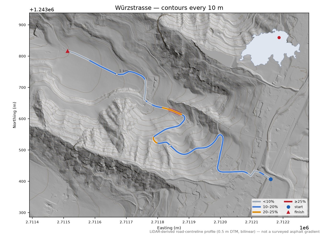 Würzstrasse LiDAR hillshade map with contours
