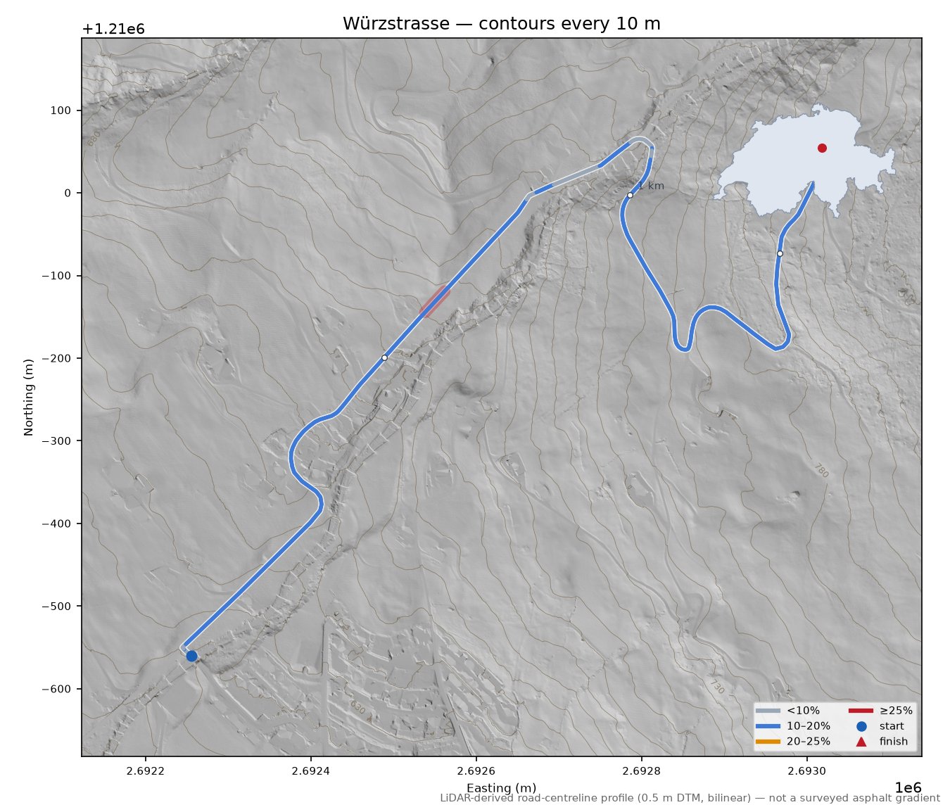 Würzstrasse LiDAR hillshade map with contours