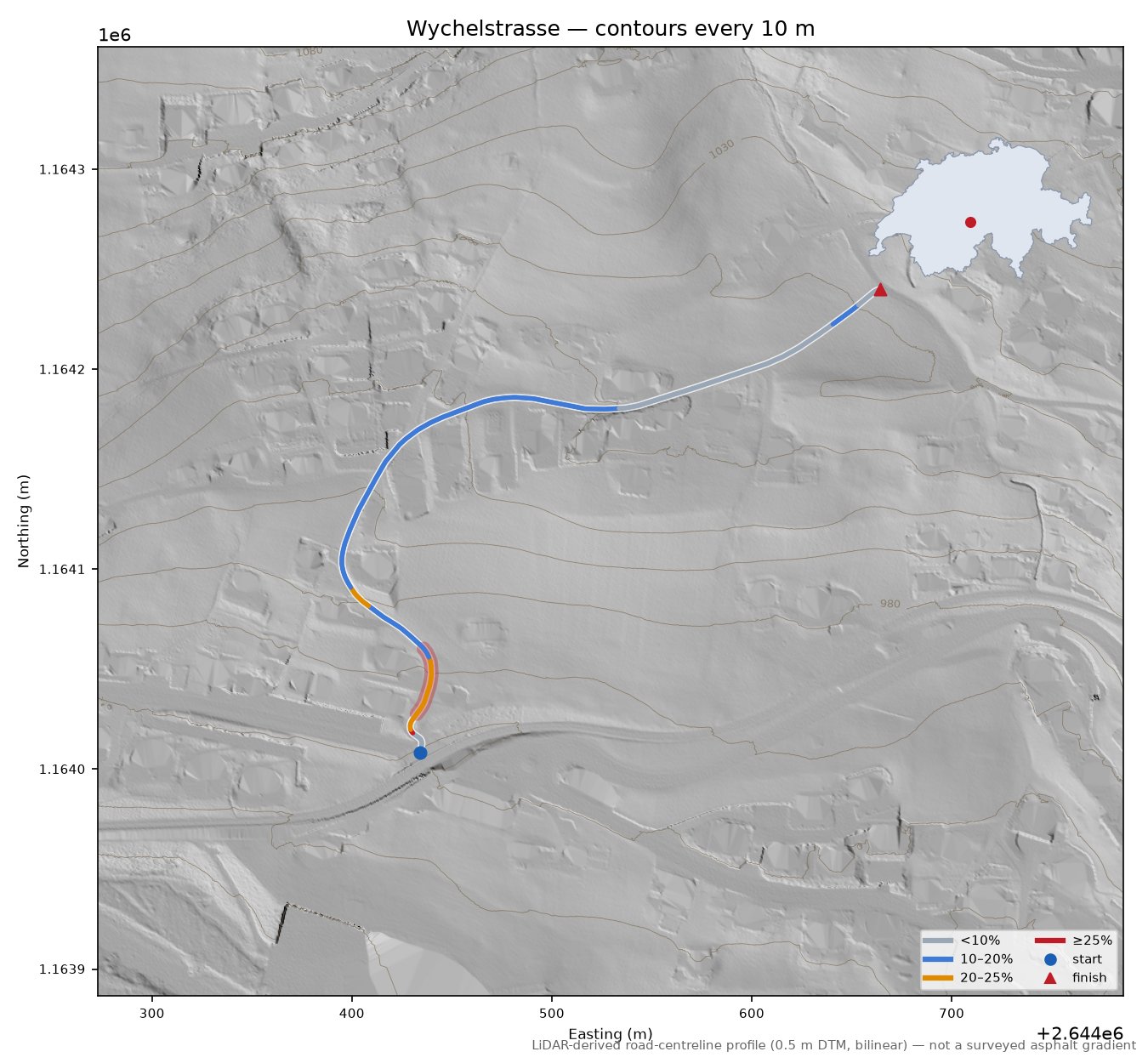 Wychelstrasse LiDAR hillshade map with contours