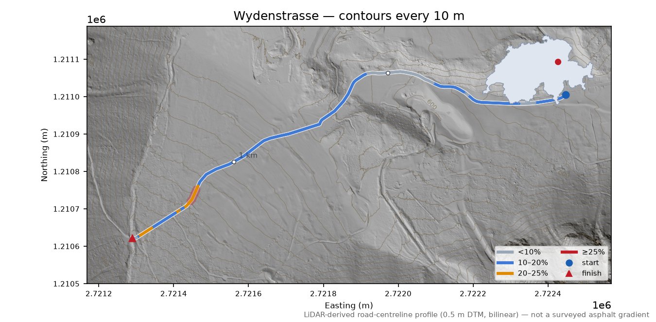 Wydenstrasse LiDAR hillshade map with contours