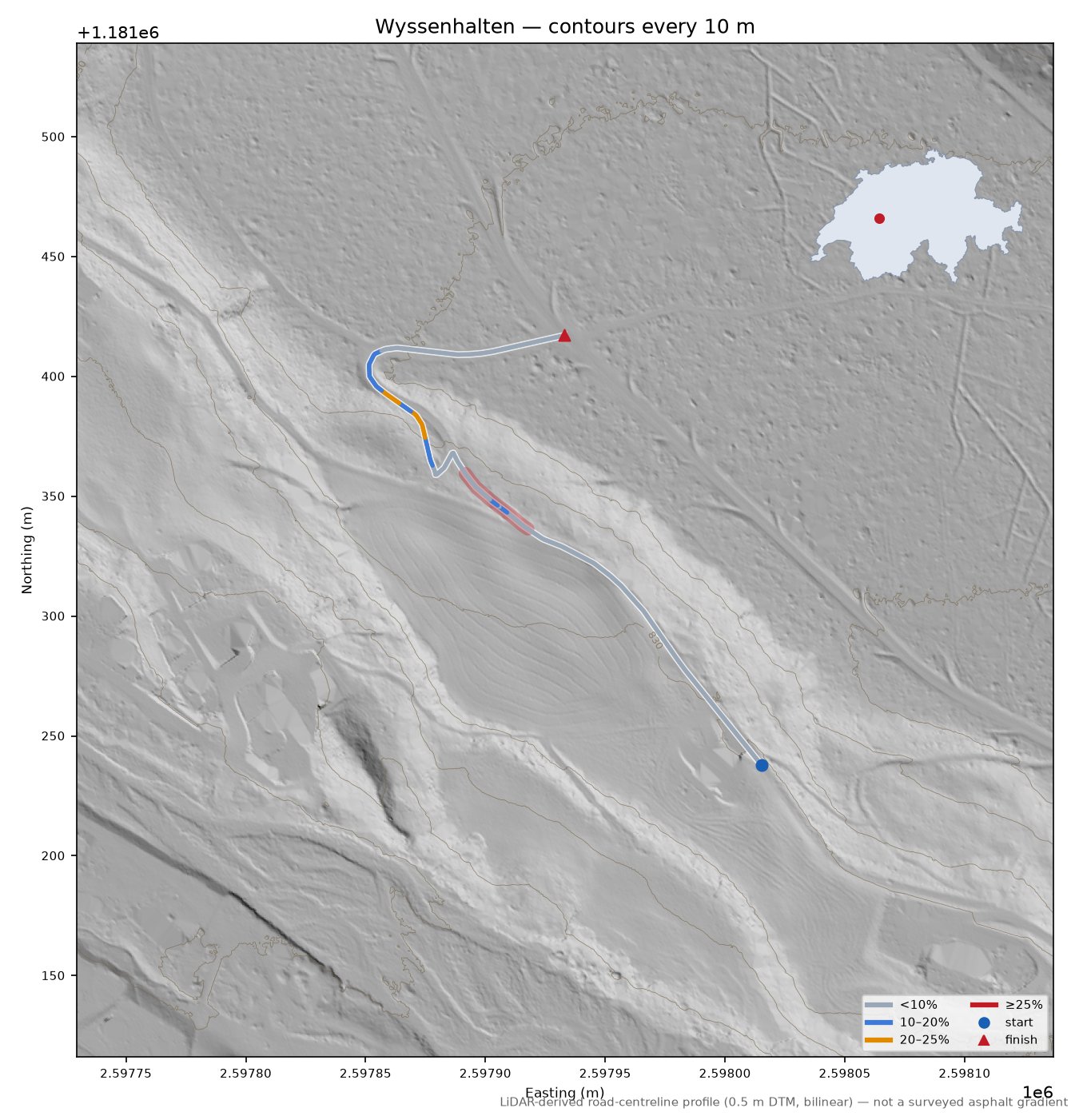 Wyssenhalten LiDAR hillshade map with contours