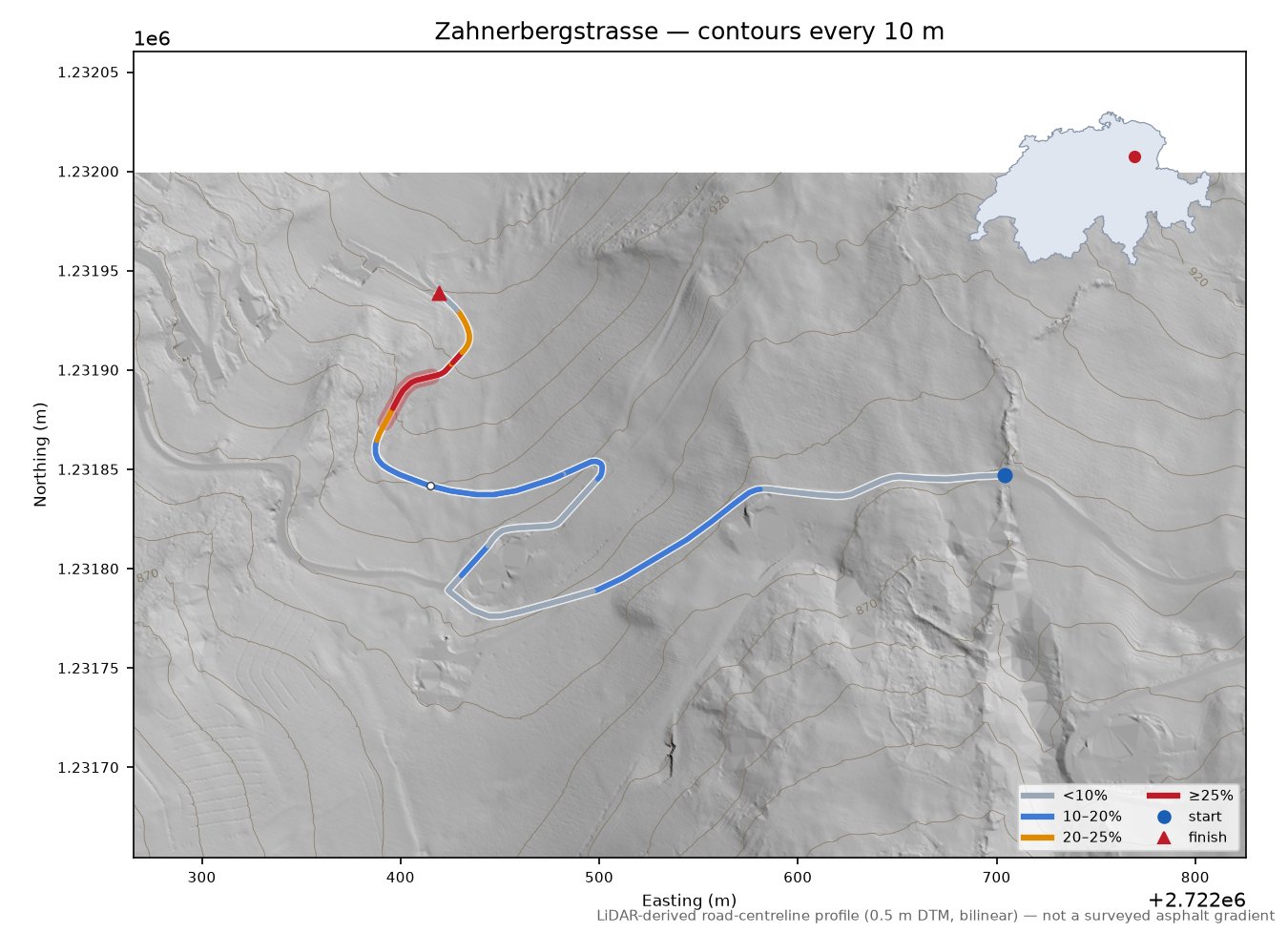 Zahnerbergstrasse LiDAR hillshade map with contours