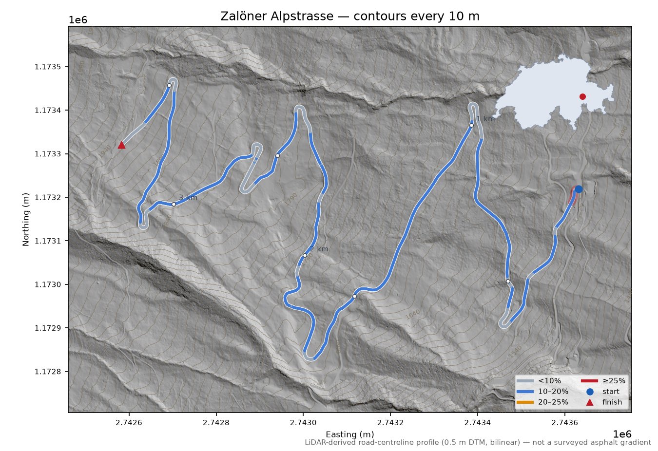 Zalöner Alpstrasse LiDAR hillshade map with contours