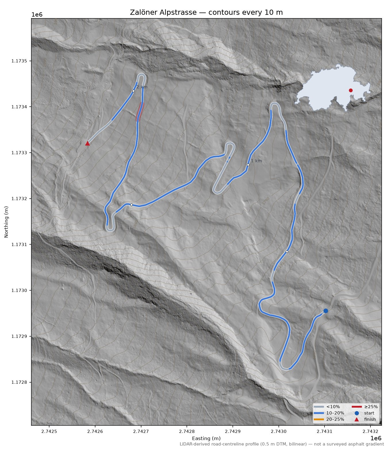 Zalöner Alpstrasse LiDAR hillshade map with contours