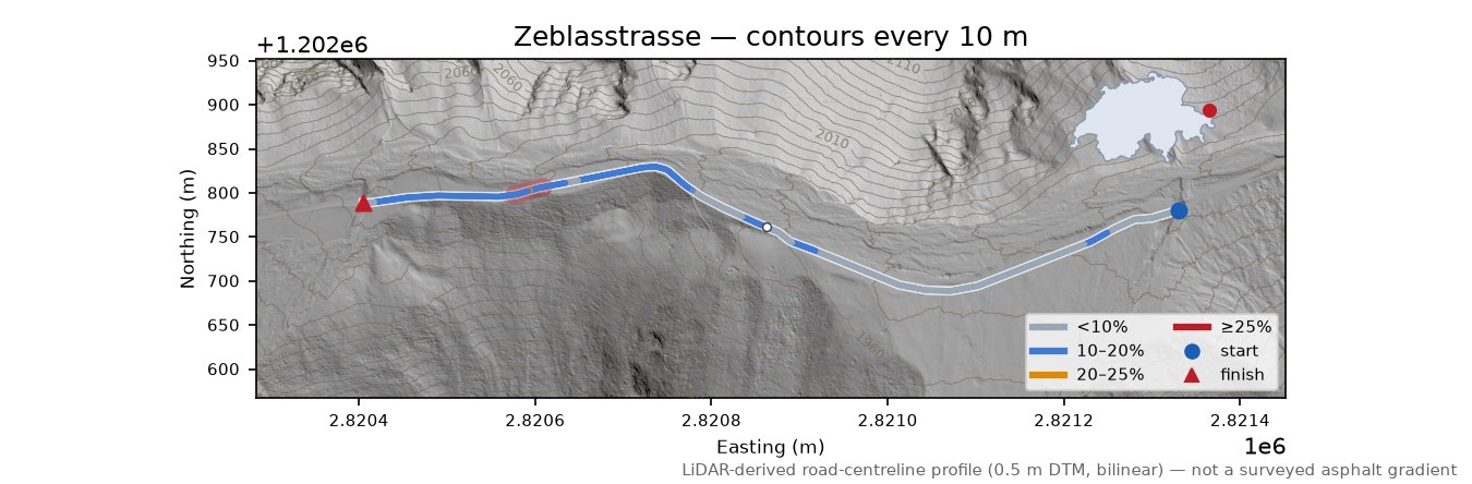 Zeblasstrasse LiDAR hillshade map with contours