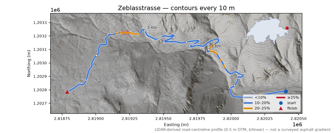 Zeblasstrasse LiDAR hillshade map with contours