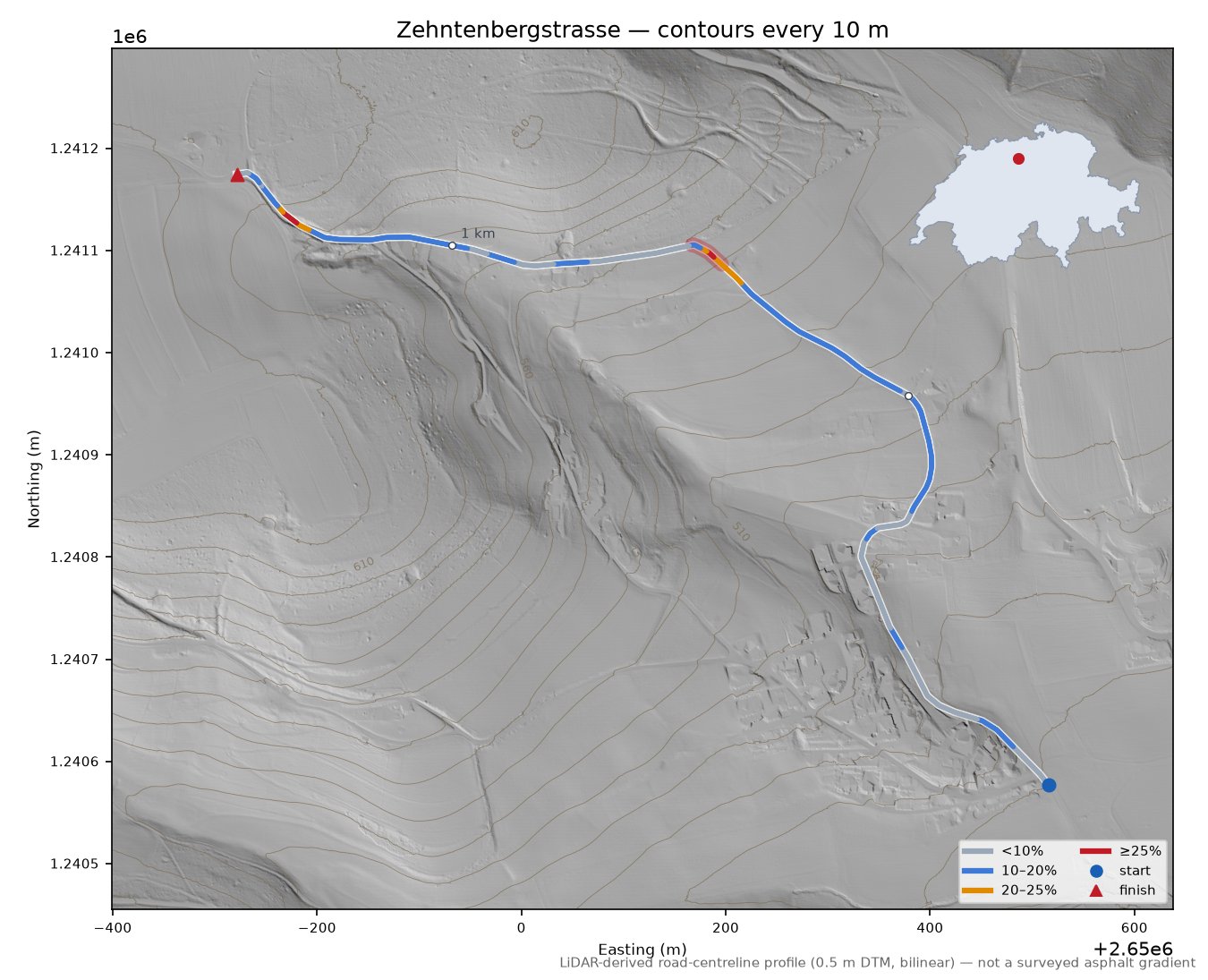 Zehntenbergstrasse LiDAR hillshade map with contours