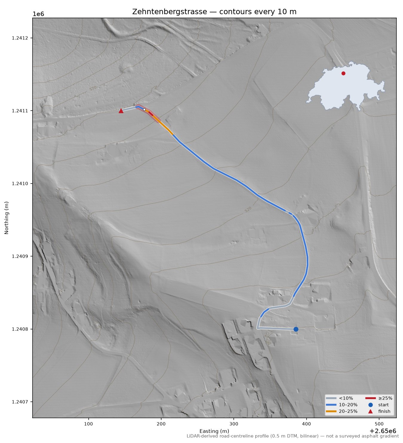 Zehntenbergstrasse LiDAR hillshade map with contours