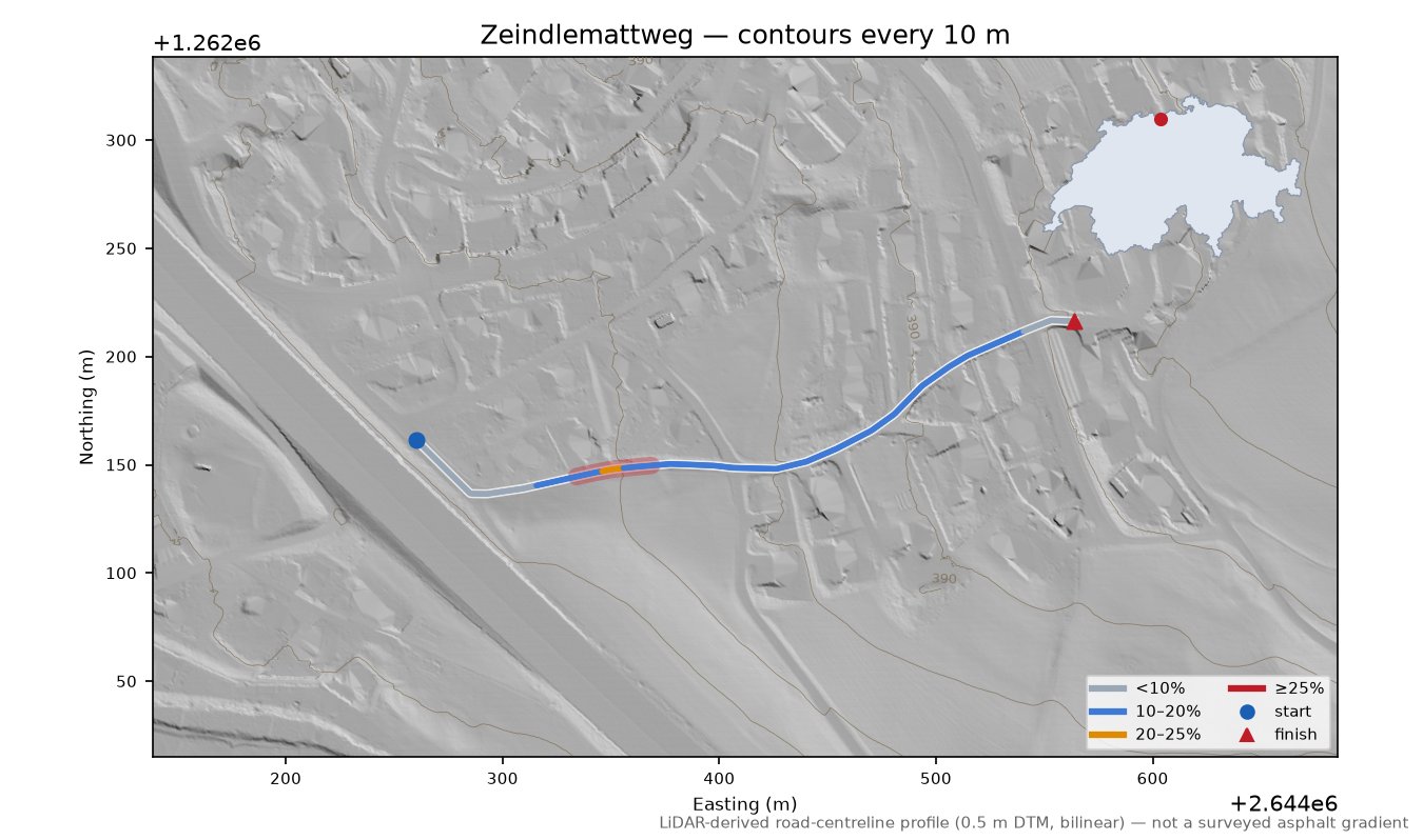 Zeindlemattweg LiDAR hillshade map with contours