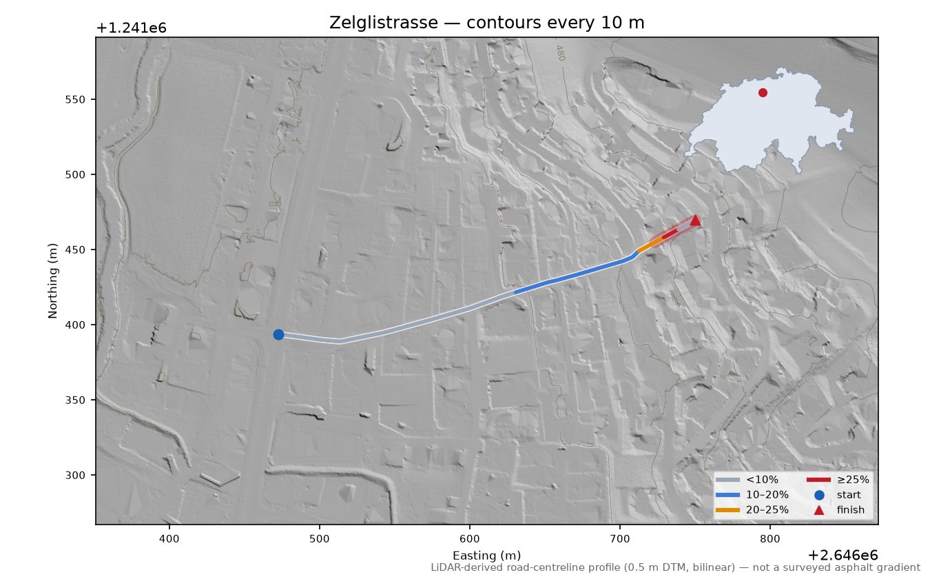 Zelglistrasse LiDAR hillshade map with contours