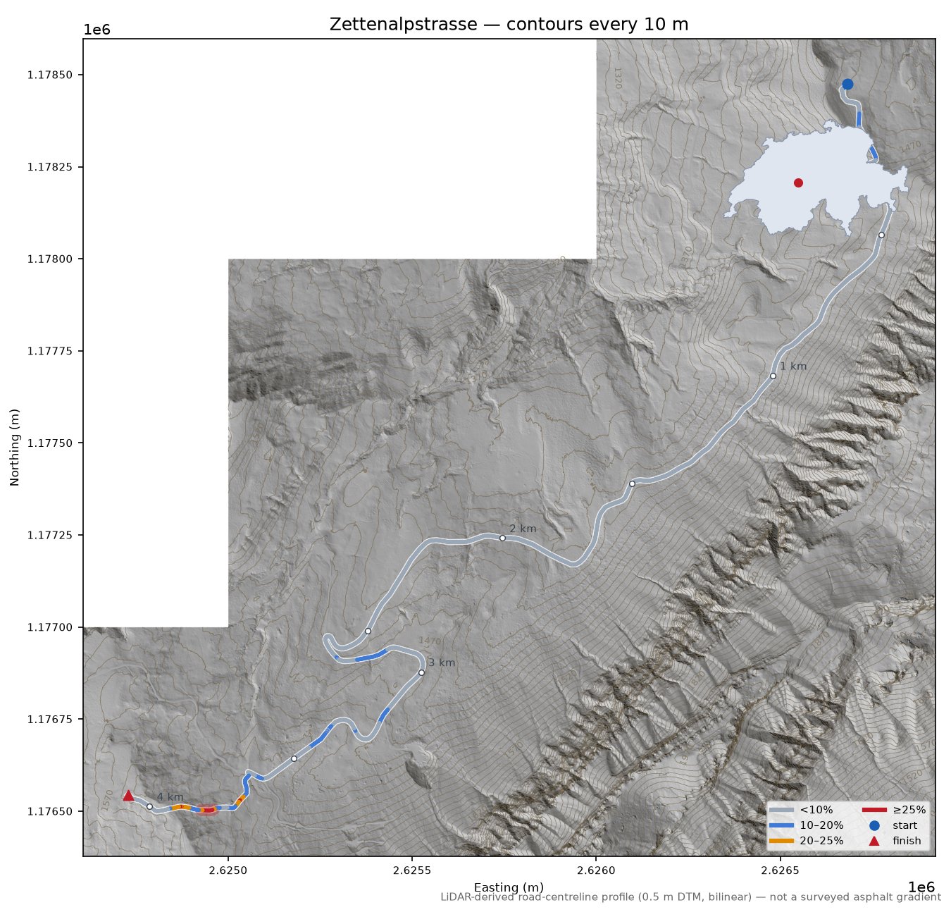 Zettenalpstrasse LiDAR hillshade map with contours