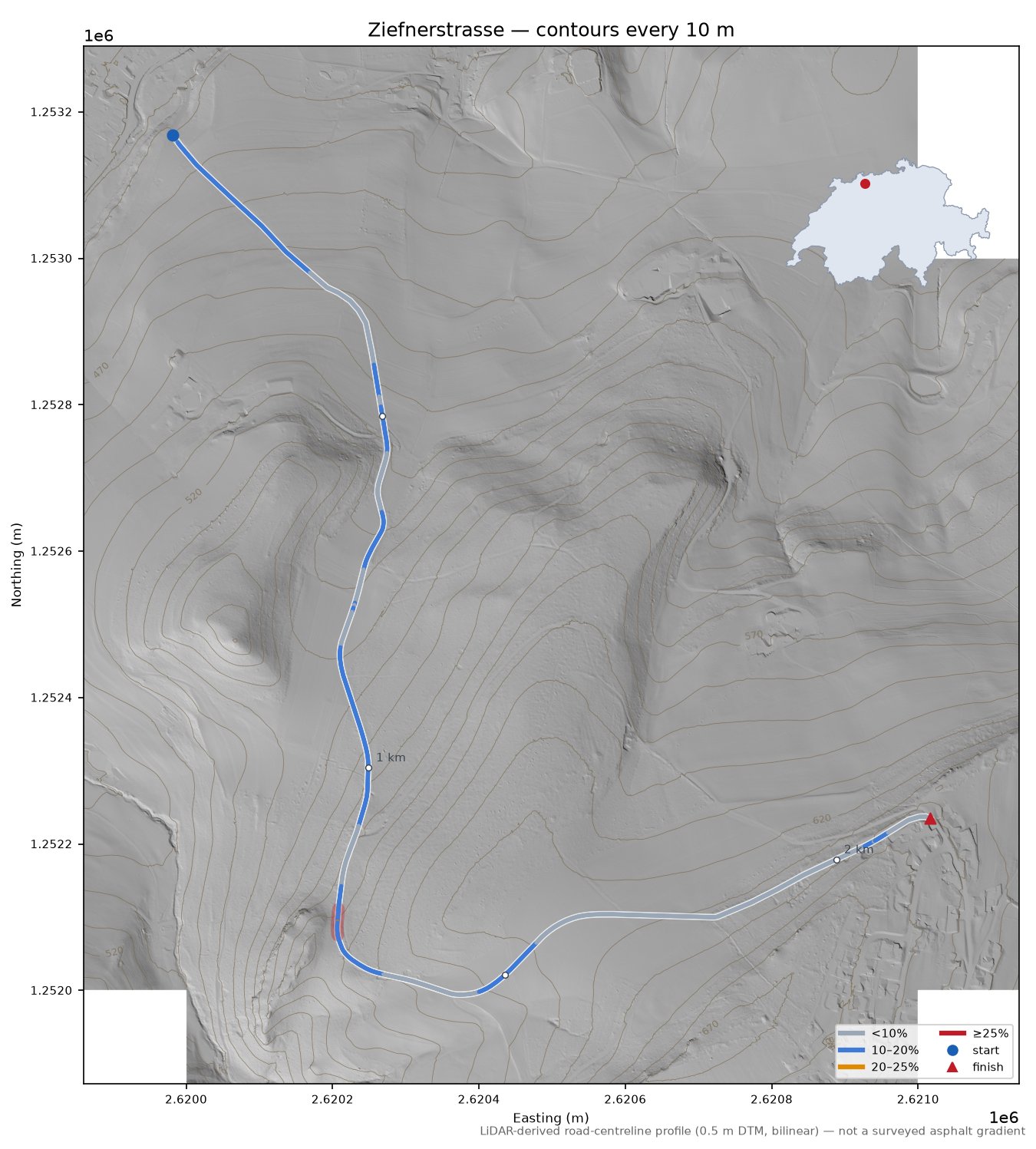 Ziefnerstrasse LiDAR hillshade map with contours