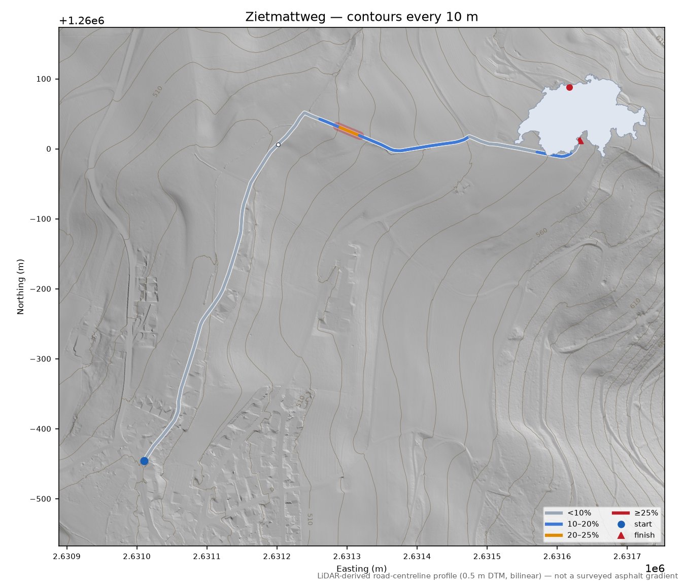 Zietmattweg LiDAR hillshade map with contours