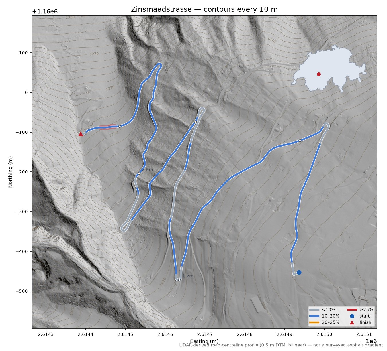 Zinsmaadstrasse LiDAR hillshade map with contours