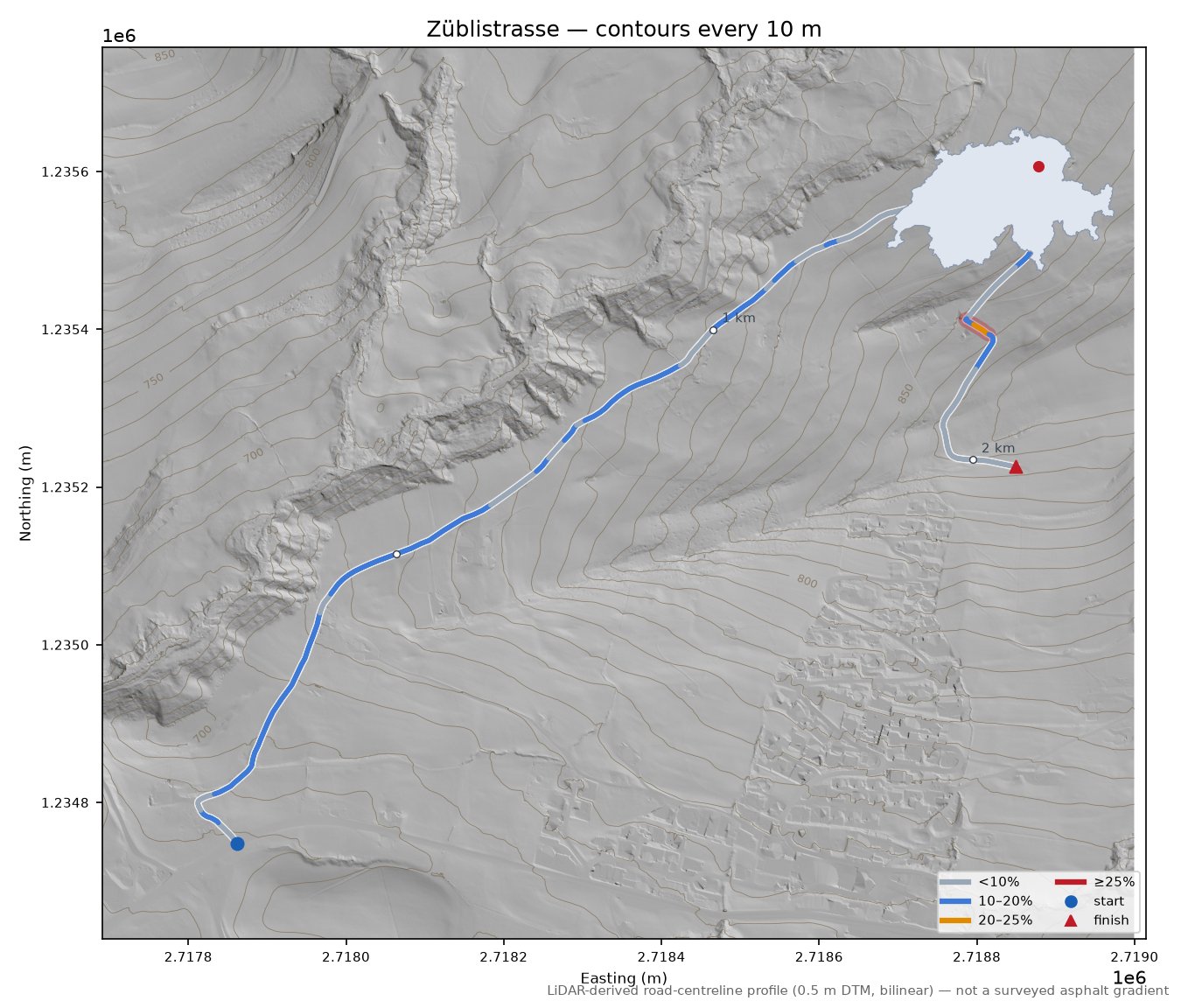 Züblistrasse LiDAR hillshade map with contours