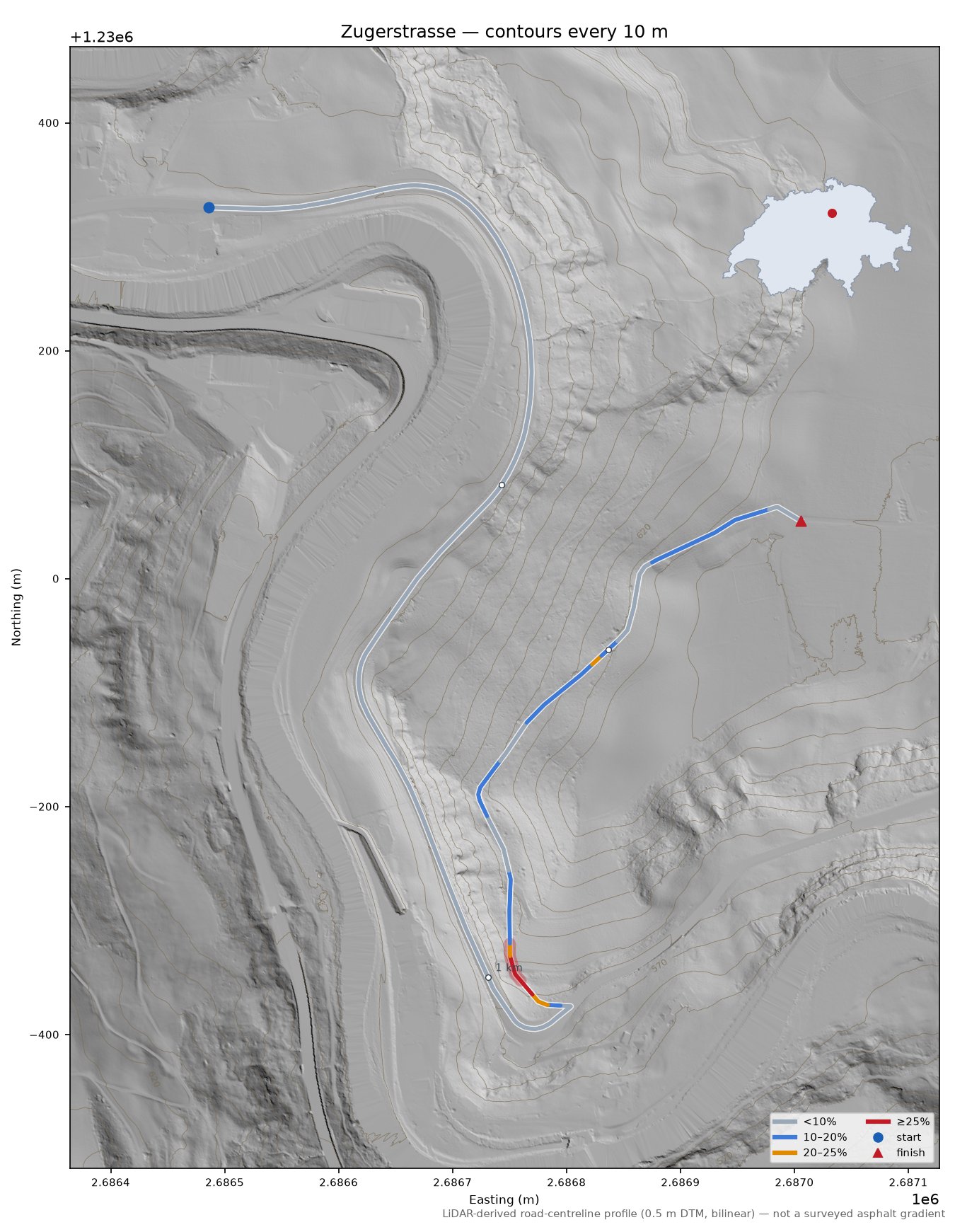 Zugerstrasse LiDAR hillshade map with contours