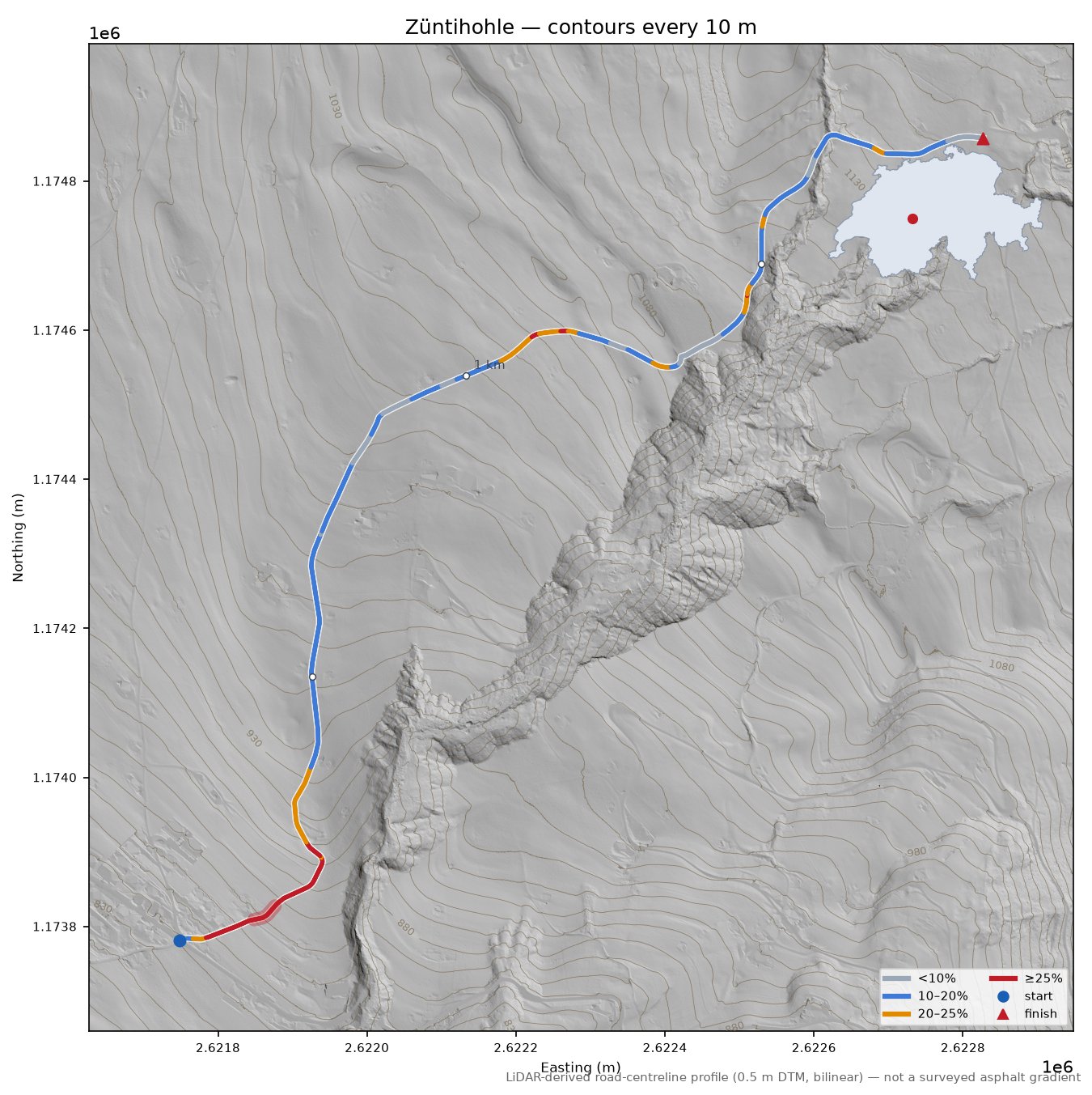 Züntihohle LiDAR hillshade map with contours