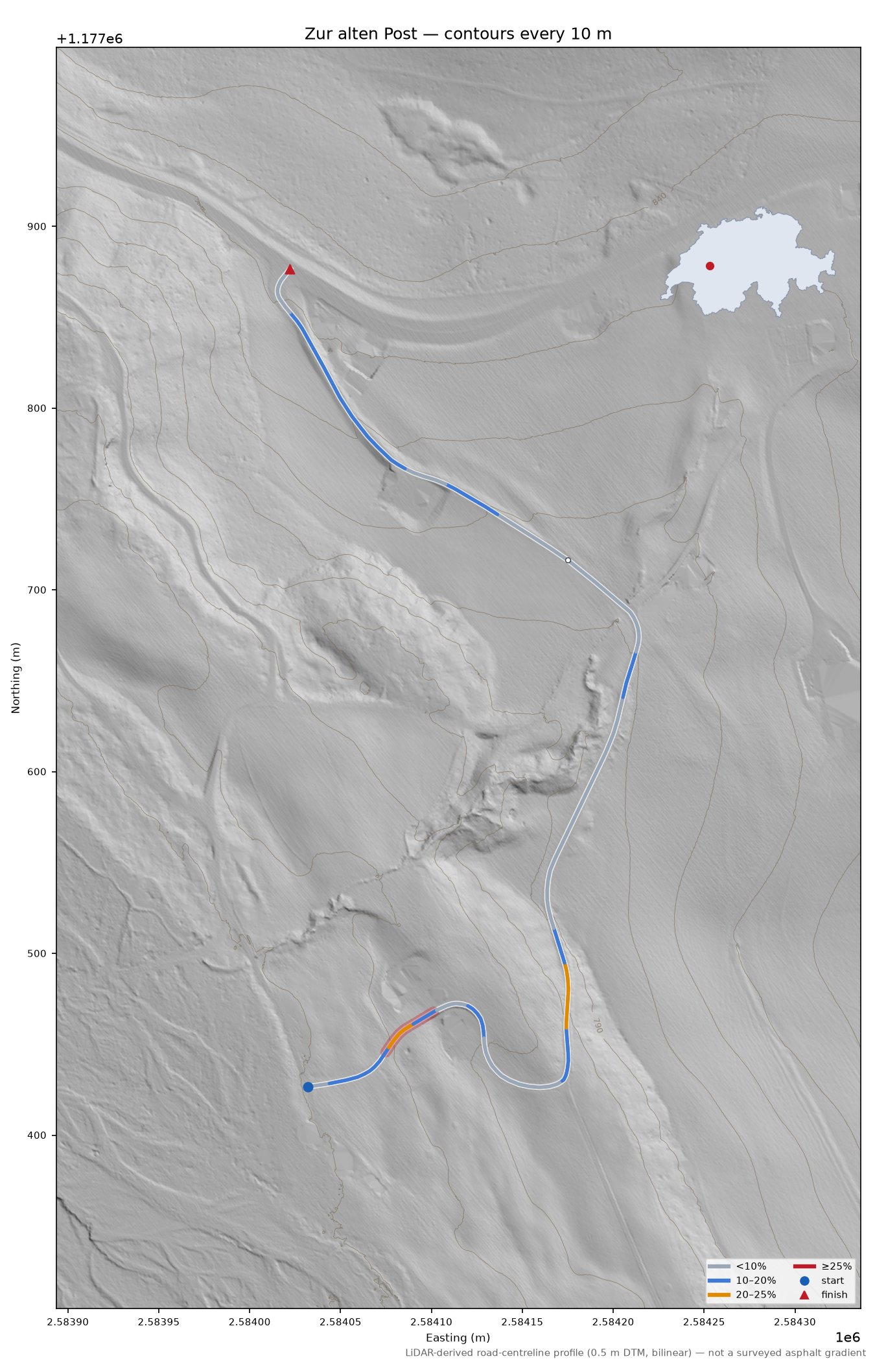 Zur alten Post LiDAR hillshade map with contours