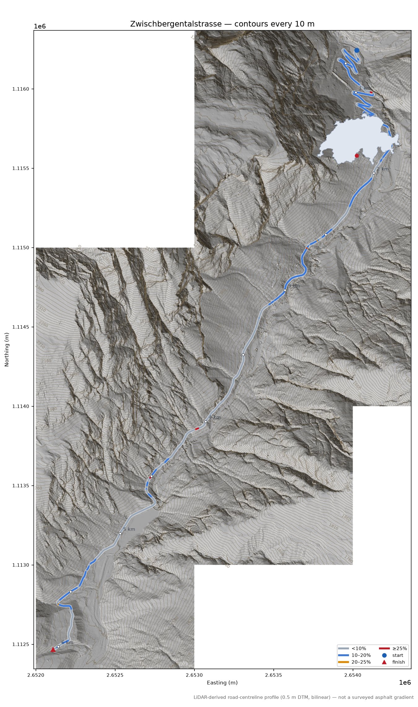 Zwischbergentalstrasse LiDAR hillshade map with contours