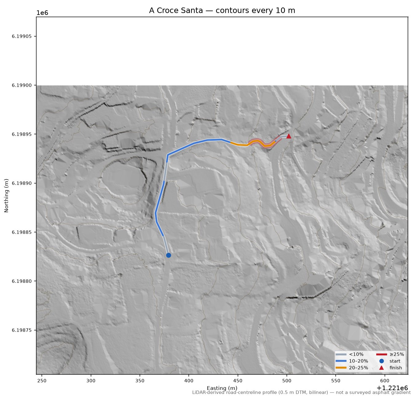 A Croce Santa LiDAR hillshade map with contours