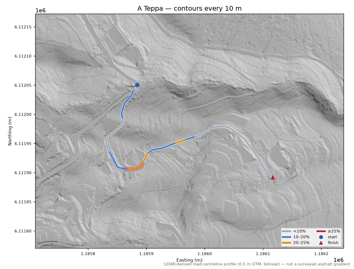 A Teppa LiDAR hillshade map with contours