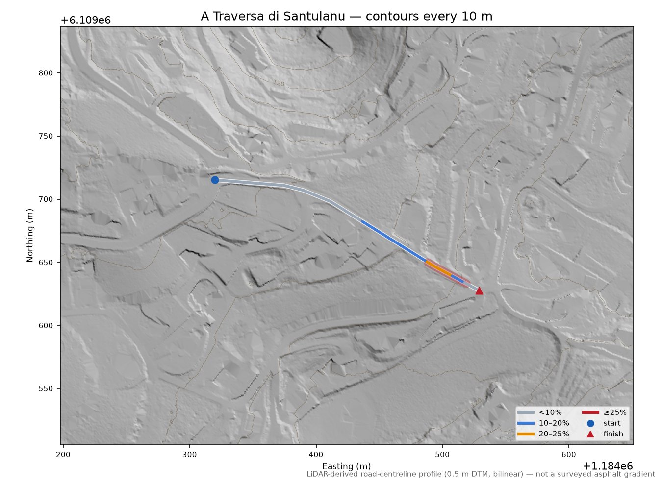 A Traversa di Santulanu LiDAR hillshade map with contours