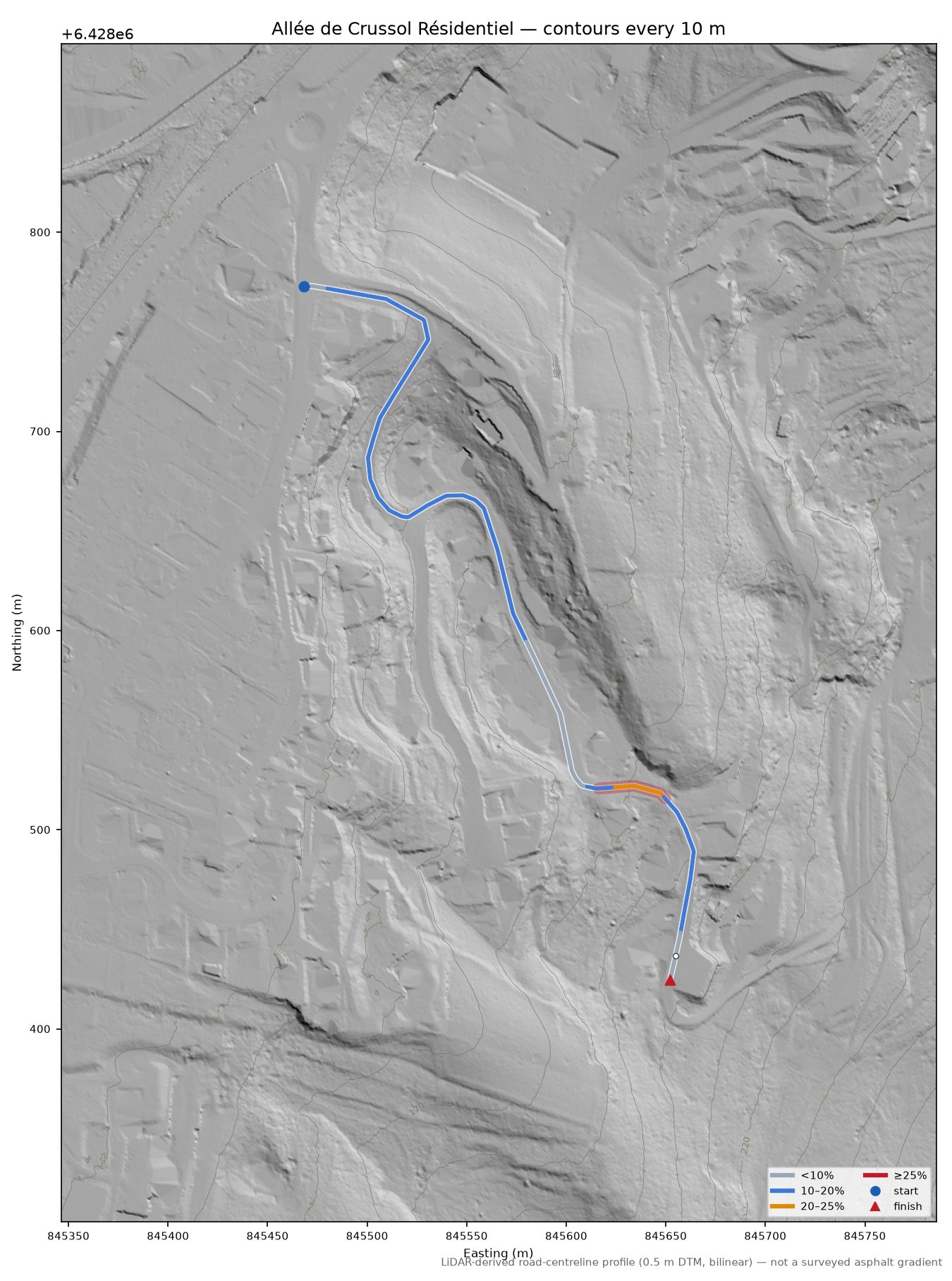 Allée de Crussol Résidentiel LiDAR hillshade map with contours