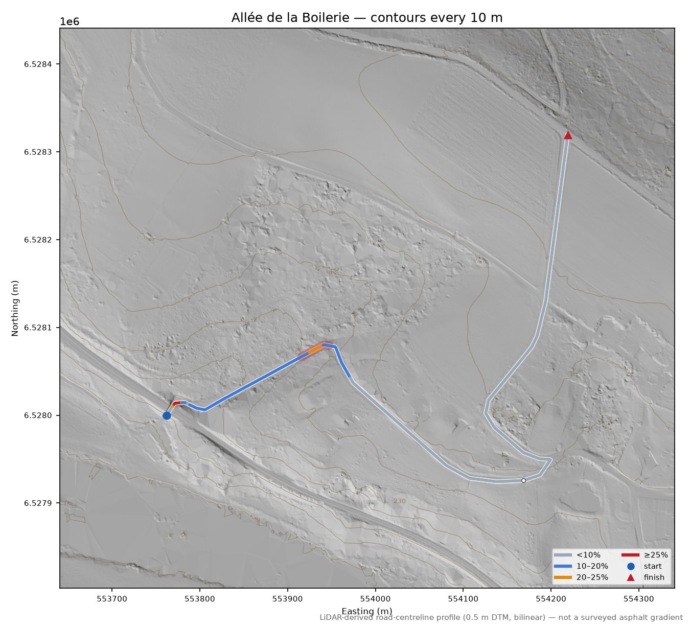 Allée de la Boilerie LiDAR hillshade map with contours