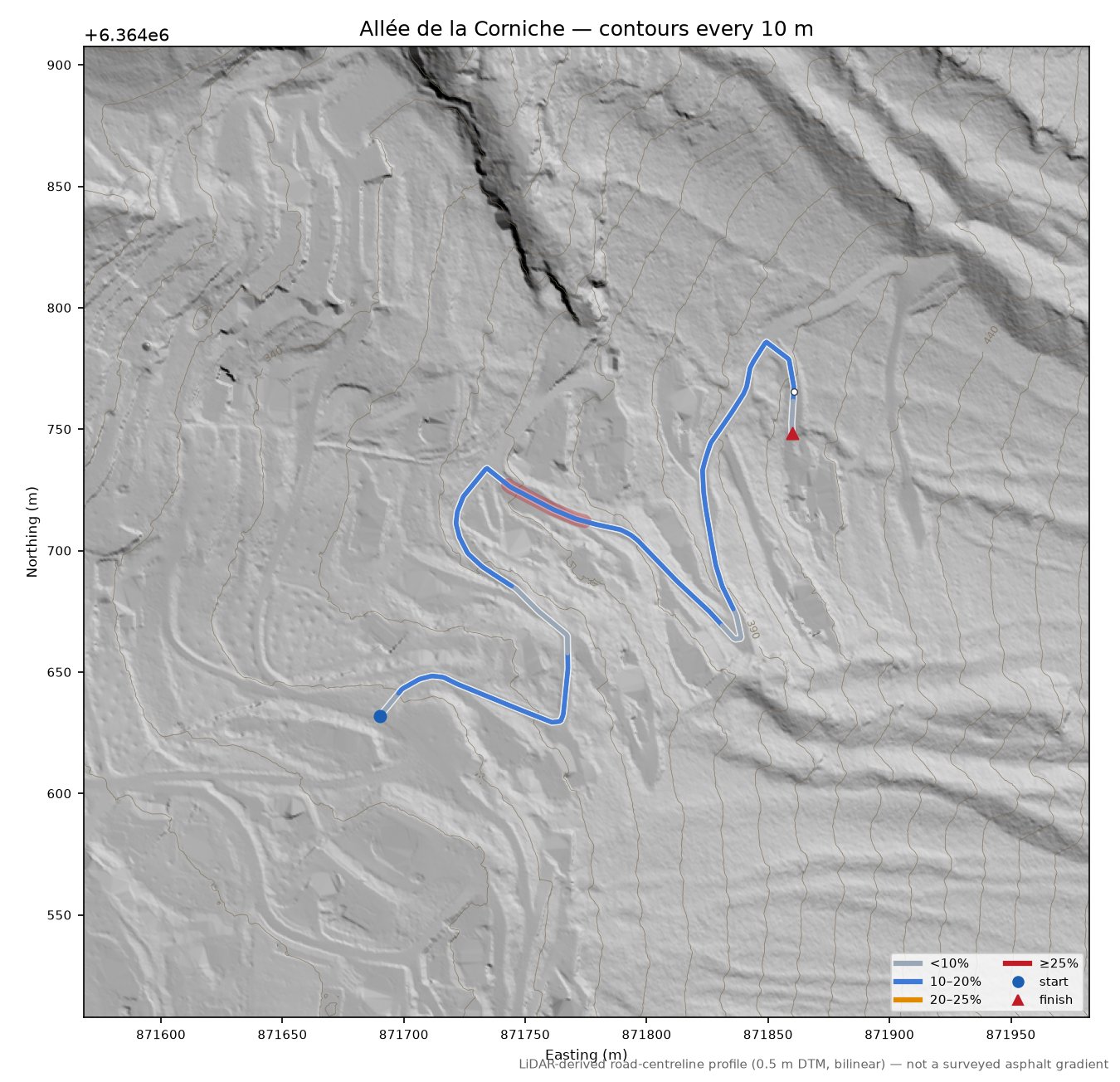 Allée de la Corniche LiDAR hillshade map with contours