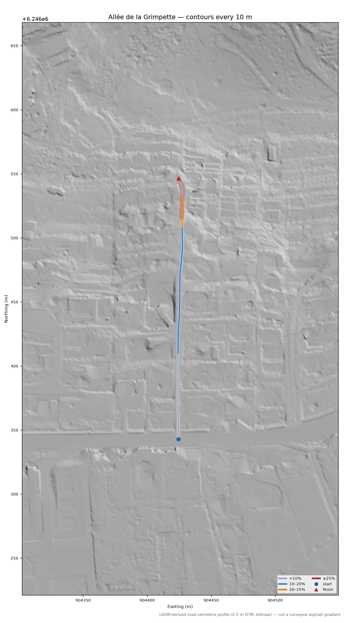 Allée de la Grimpette LiDAR hillshade map with contours