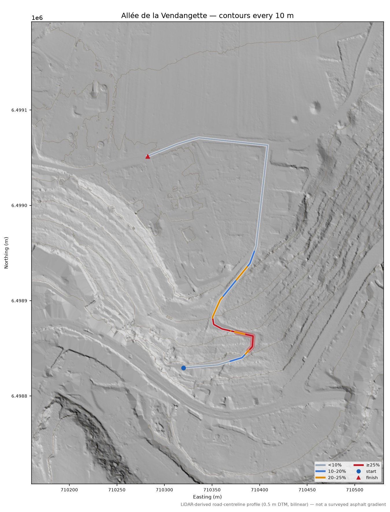 Allée de la Vendangette LiDAR hillshade map with contours