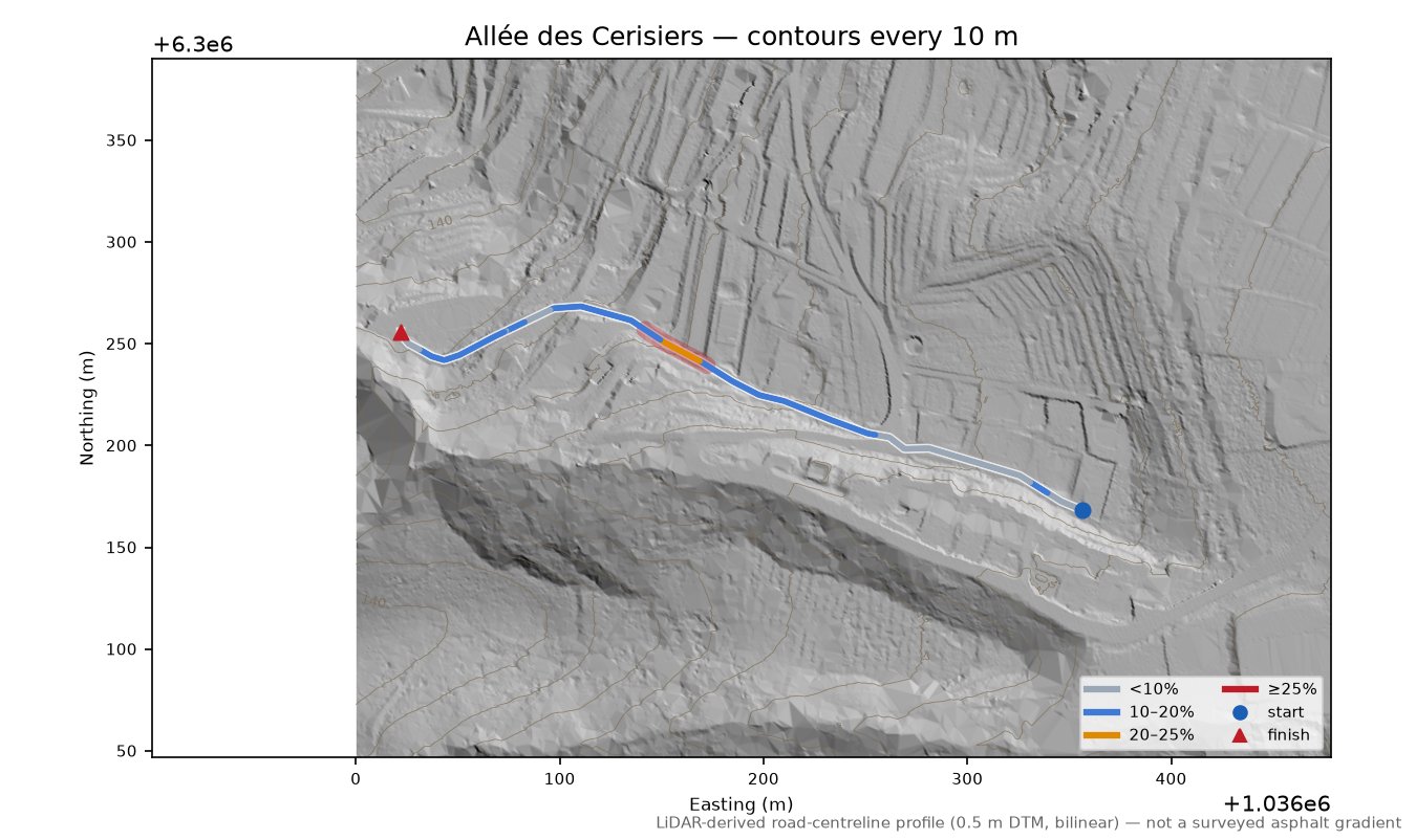 Allée des Cerisiers LiDAR hillshade map with contours