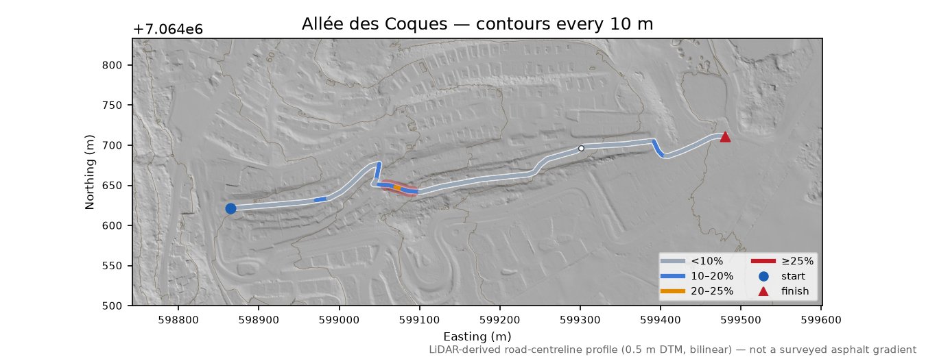 Allée des Coques LiDAR hillshade map with contours