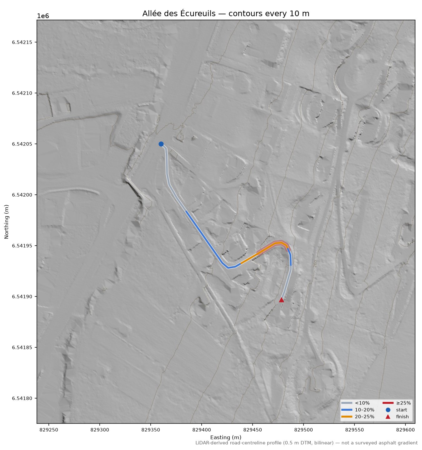 Allée des Écureuils LiDAR hillshade map with contours