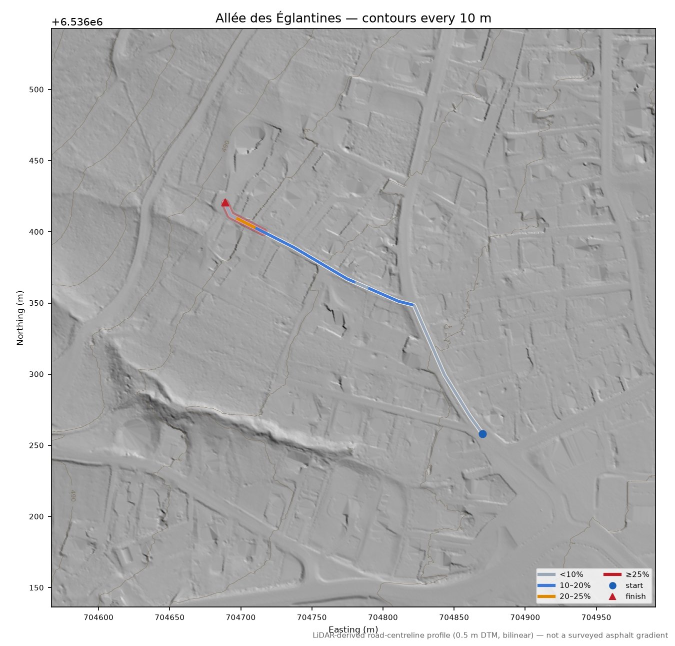 Allée des Églantines LiDAR hillshade map with contours