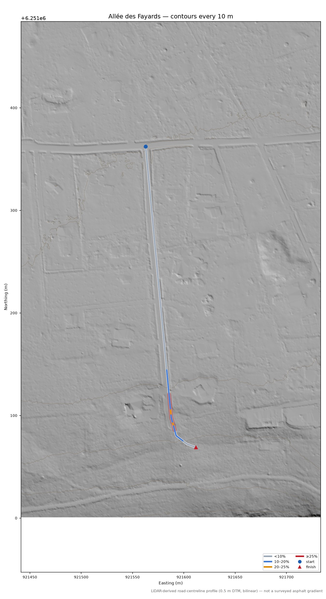 Allée des Fayards LiDAR hillshade map with contours