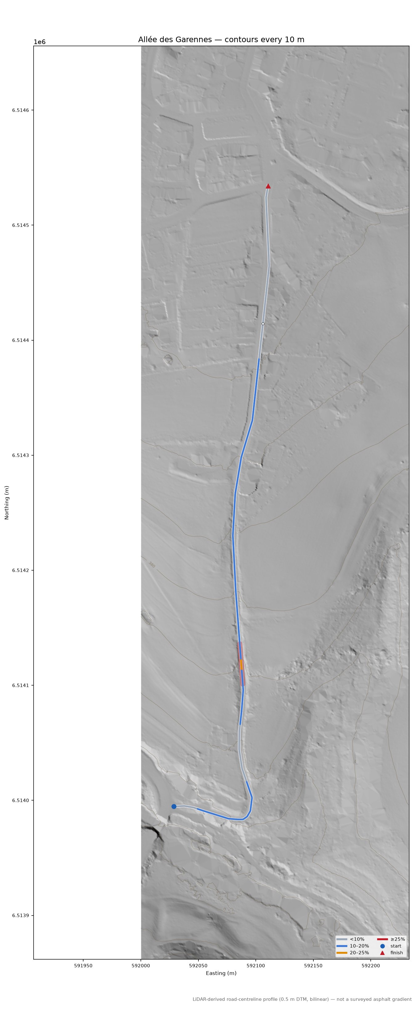 Allée des Garennes LiDAR hillshade map with contours